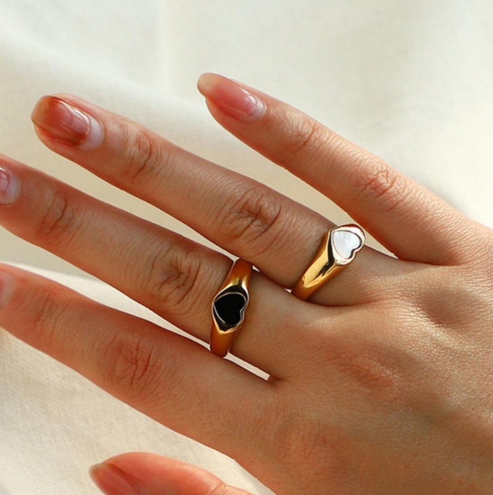18K Gold Plated Stainless Steel Black Resin Heart Ring